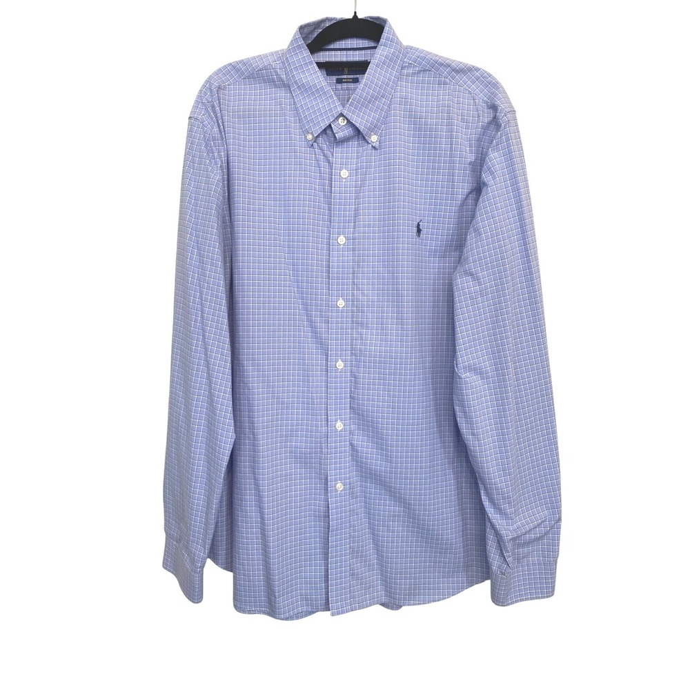 Ralph Lauren‎ Mens XXL Blue White Check Non-Iron Button Down Shirt Long Sleeve